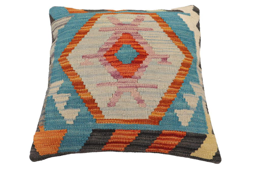 handmade Traditional Pillow Rust Blue Hand-Woven SQUARE 100% WOOL Hand woven turkish pillow2' x 2'