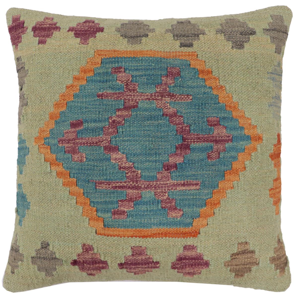 handmade Traditional Pillow Blue Orange Hand-Woven SQUARE 100% WOOL Hand woven turkish pillow2 x 2