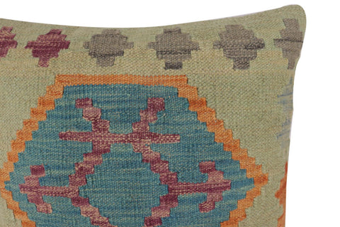 handmade Traditional Pillow Blue Orange Hand-Woven SQUARE 100% WOOL Hand woven turkish pillow2 x 2