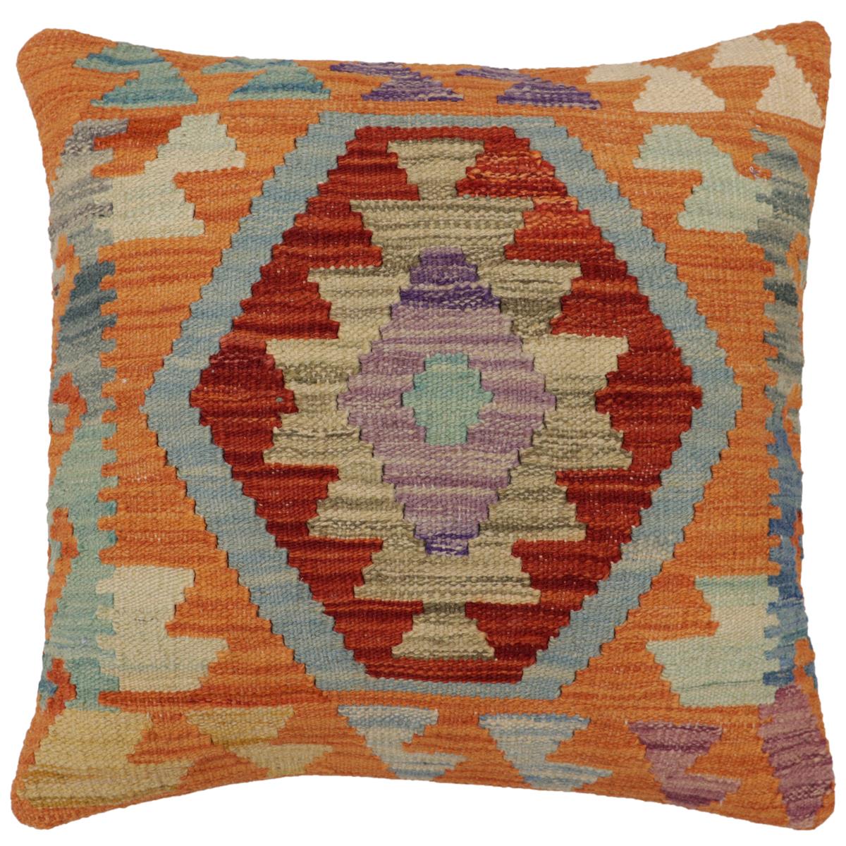 handmade Traditional Pillow Rust Blue Hand-Woven SQUARE 100% WOOL Hand woven turkish pillow2' x 2'