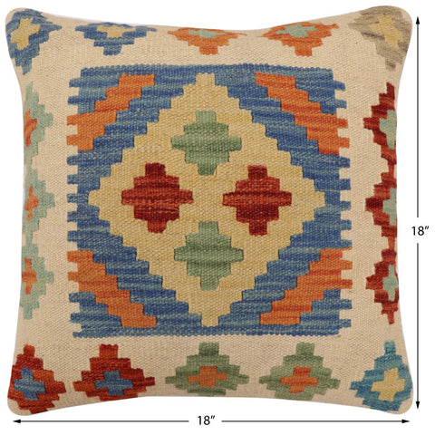 handmade Traditional Pillow Blue Beige Hand-Woven SQUARE 100% WOOL Hand woven turkish pillow2 x 2