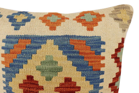 handmade Traditional Pillow Blue Beige Hand-Woven SQUARE 100% WOOL Hand woven turkish pillow2 x 2