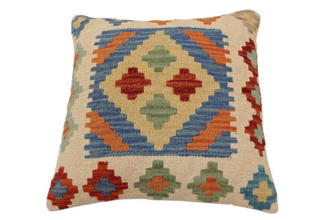 handmade Traditional Pillow Blue Beige Hand-Woven SQUARE 100% WOOL Hand woven turkish pillow2 x 2
