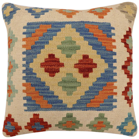handmade Traditional Pillow Blue Beige Hand-Woven SQUARE 100% WOOL Hand woven turkish pillow2 x 2