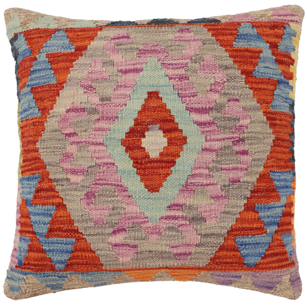 handmade Traditional Pillow Rust Blue Hand-Woven SQUARE 100% WOOL Hand woven turkish pillow2' x 2'