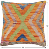 handmade Traditional Pillow Orange Blue Hand-Woven SQUARE 100% WOOL  Hand woven turkish pillow  2 x 2