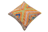handmade Traditional Pillow Orange Blue Hand-Woven SQUARE 100% WOOL  Hand woven turkish pillow  2 x 2