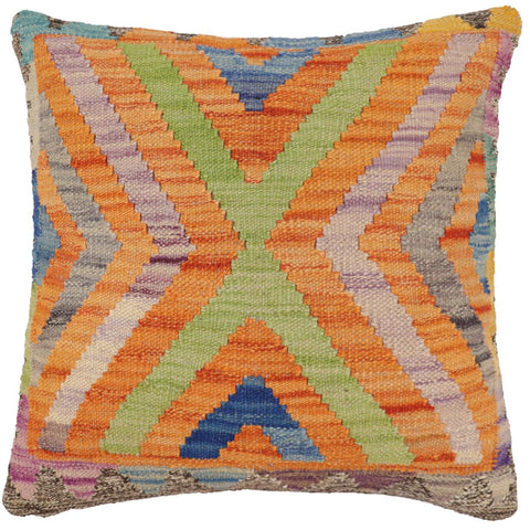 handmade Traditional Pillow Orange Blue Hand-Woven SQUARE 100% WOOL  Hand woven turkish pillow  2 x 2