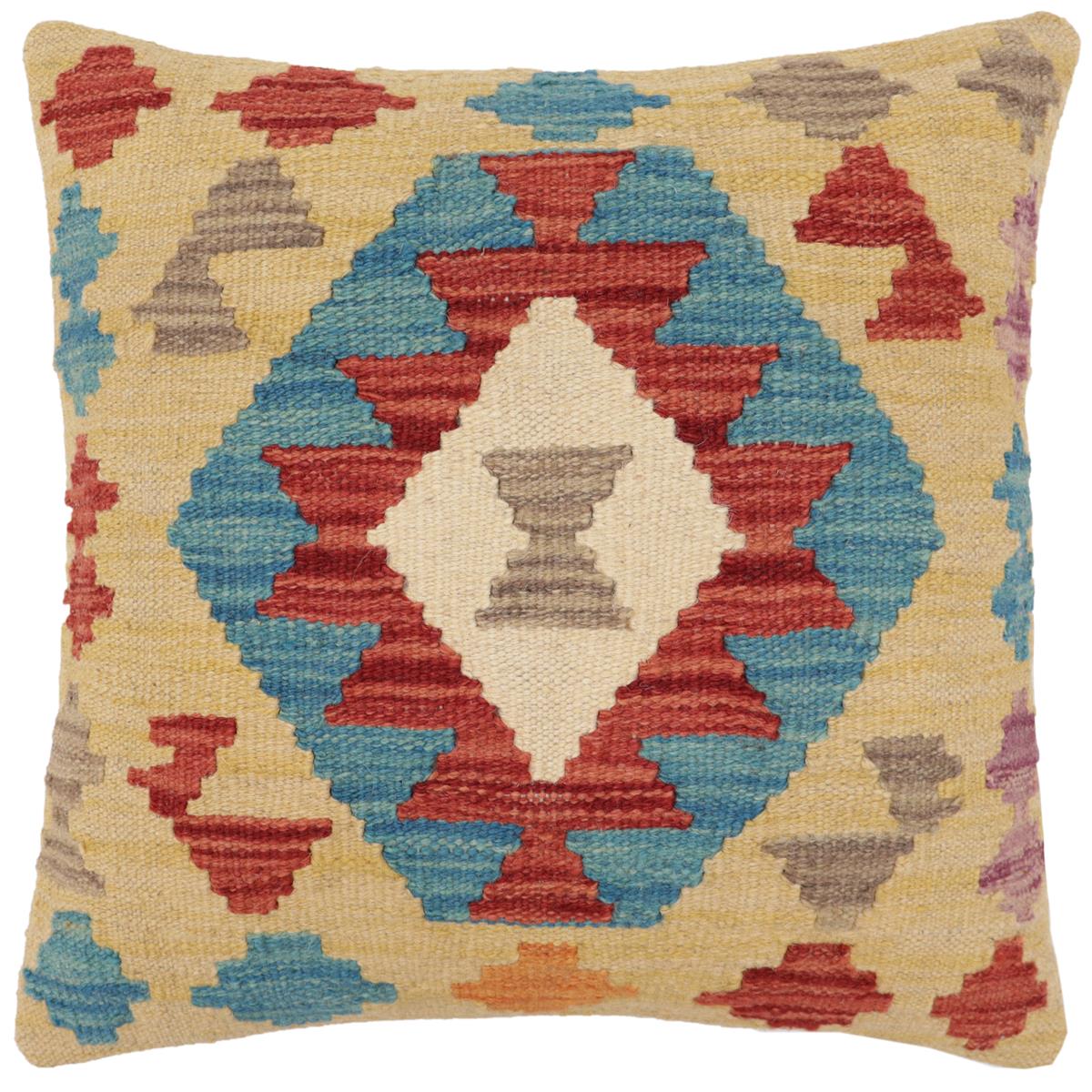 handmade Traditional Pillow Rust Blue Hand-Woven SQUARE 100% WOOL  Hand woven turkish pillow  2 x 2