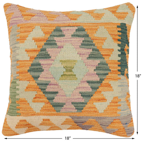 handmade Traditional Pillow Orange Blue Hand-Woven SQUARE 100% WOOL Hand woven turkish pillow2' x 2'