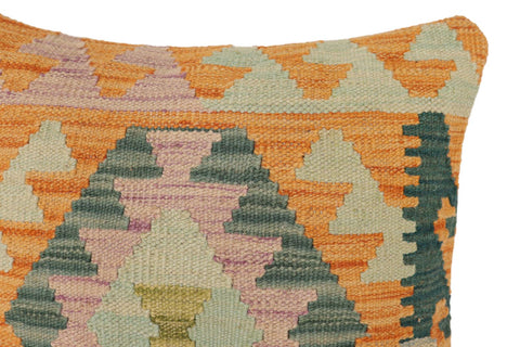 handmade Traditional Pillow Orange Blue Hand-Woven SQUARE 100% WOOL Hand woven turkish pillow2' x 2'