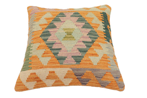 handmade Traditional Pillow Orange Blue Hand-Woven SQUARE 100% WOOL Hand woven turkish pillow2' x 2'