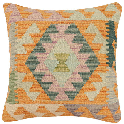 handmade Traditional Pillow Orange Blue Hand-Woven SQUARE 100% WOOL Hand woven turkish pillow2' x 2'