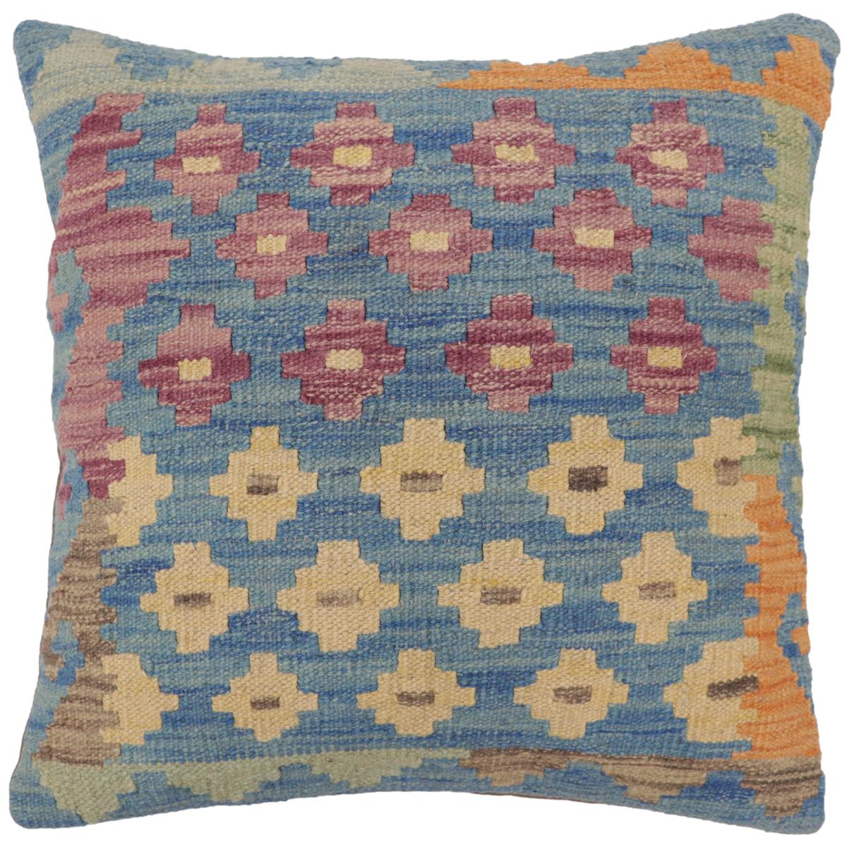 handmade Traditional Pillow Blue Beige Hand-Woven SQUARE 100% WOOL Hand woven turkish pillow2 x 2