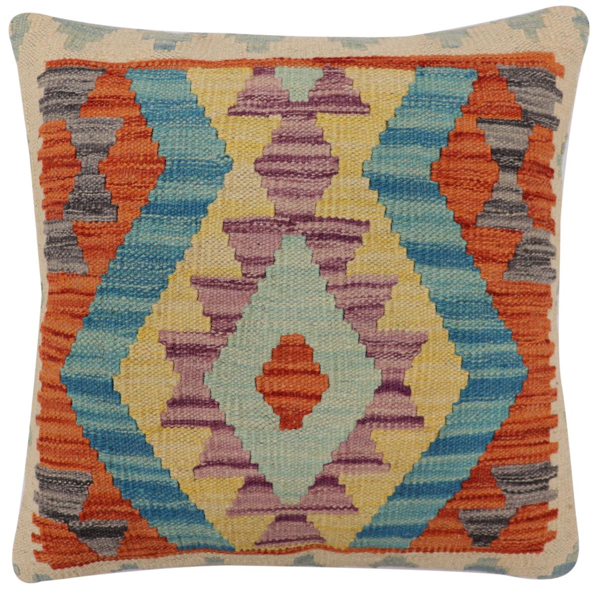 handmade Traditional Pillow Rust Blue Hand-Woven SQUARE 100% WOOL Hand woven turkish pillow2' x 2'
