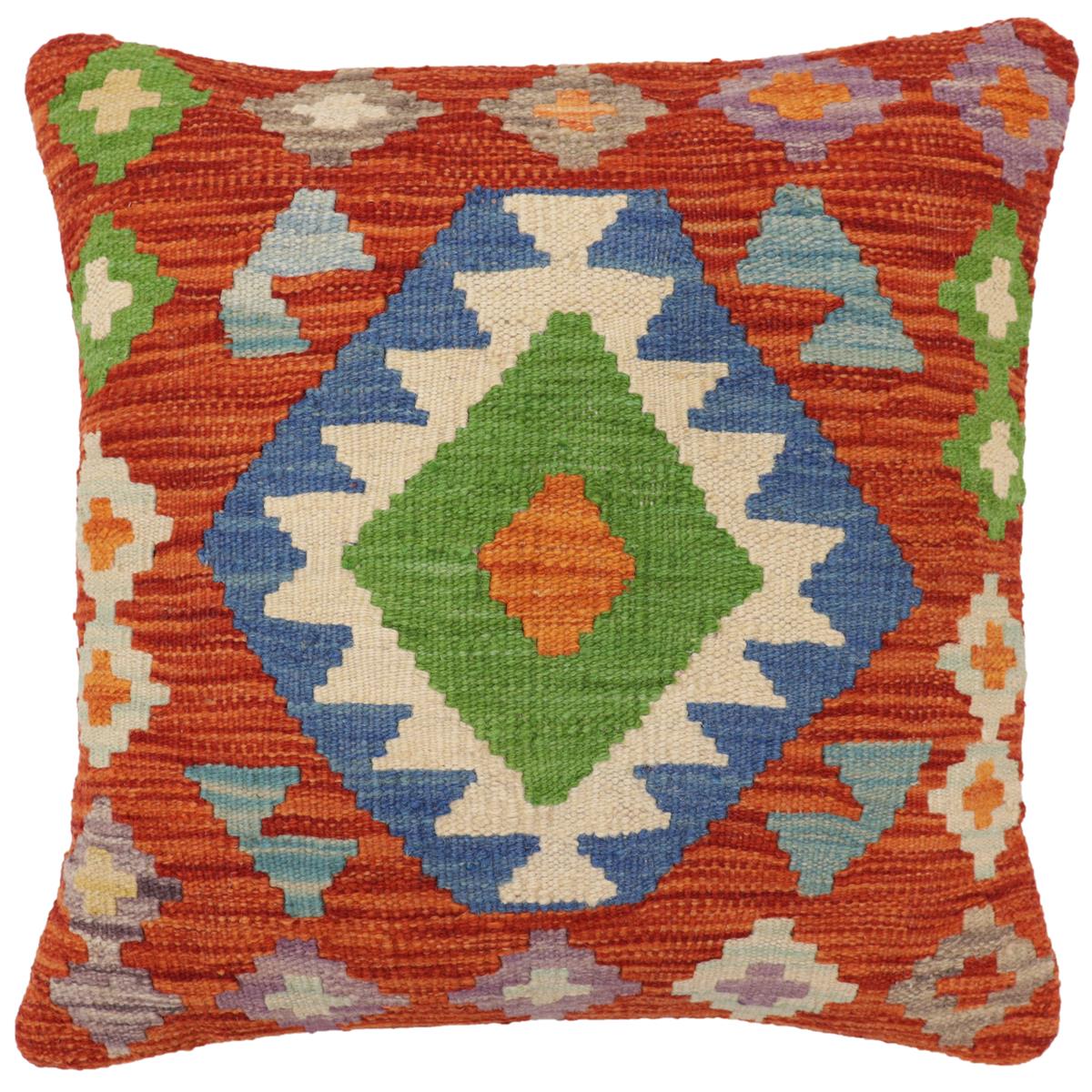 handmade Traditional Pillow Rust Blue Hand-Woven SQUARE 100% WOOL Hand woven turkish pillow2' x 2'