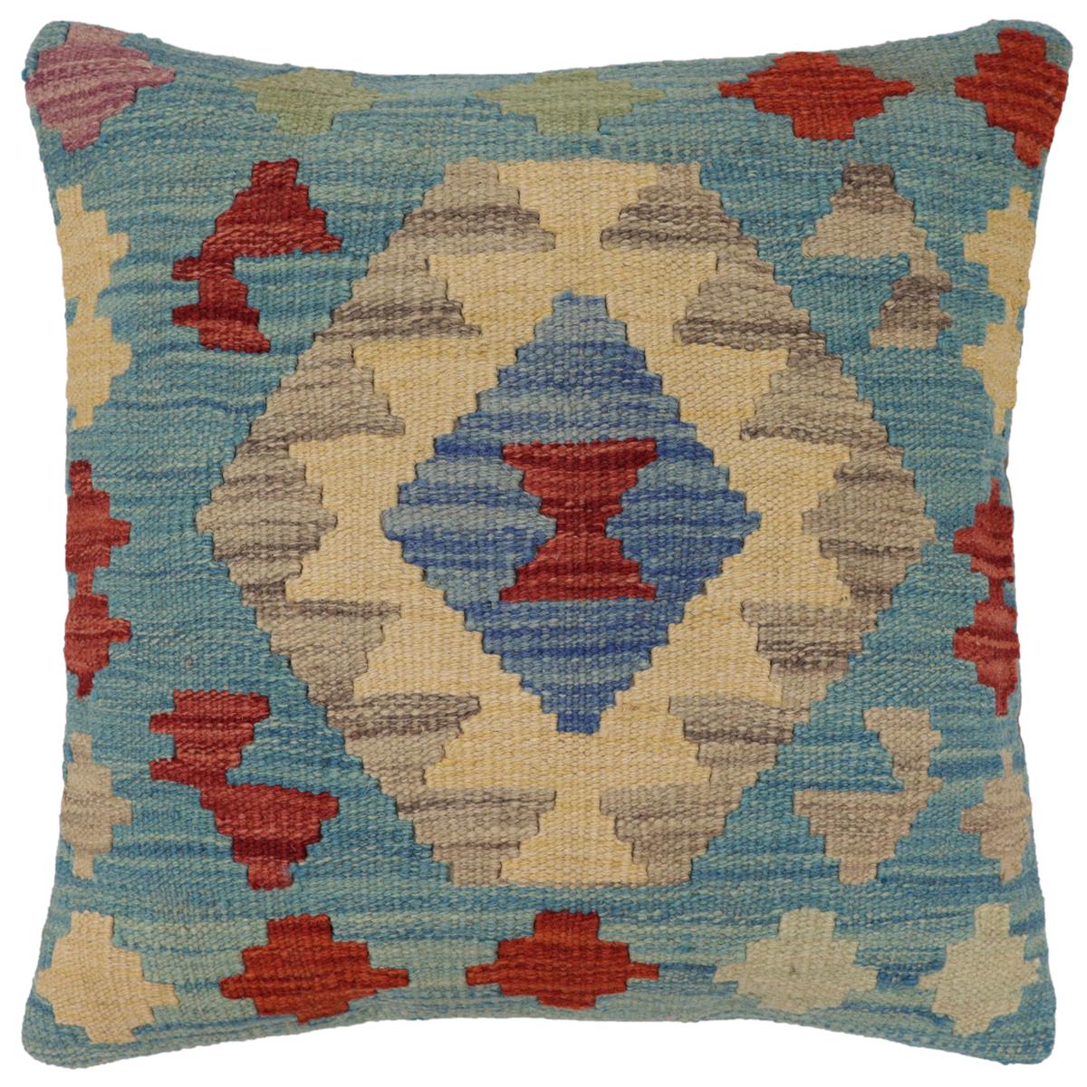 handmade Traditional Pillow Blue Red Hand-Woven SQUARE 100% WOOL Hand woven turkish pillow2 x 2
