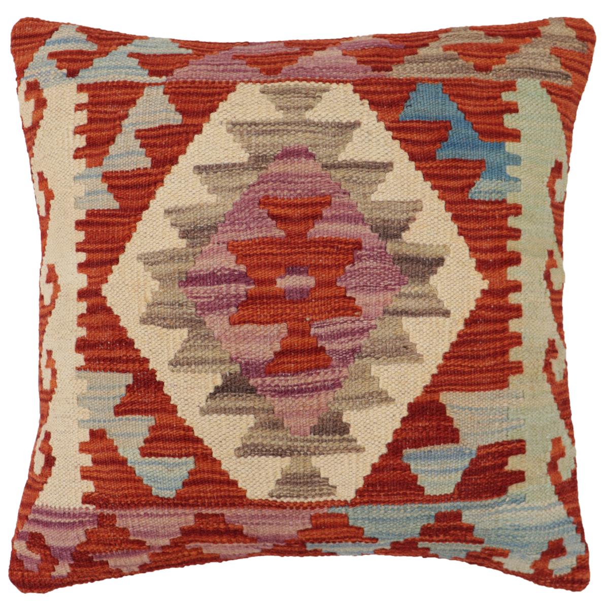 handmade Traditional Pillow Rust Blue Hand-Woven SQUARE 100% WOOL Hand woven turkish pillow2' x 2'