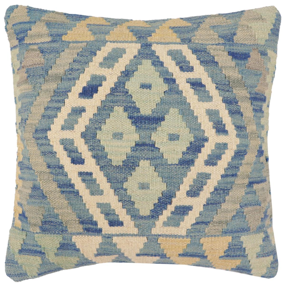 handmade Traditional Pillow Blue Beige Hand-Woven SQUARE 100% WOOL Hand woven turkish pillow2 x 2