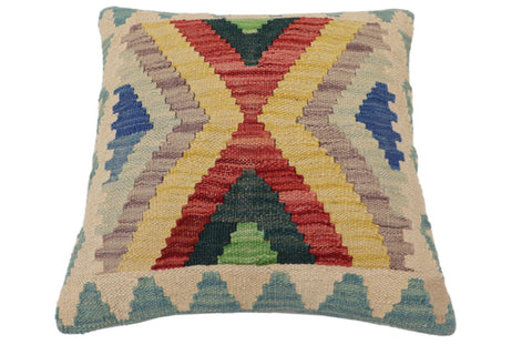 handmade Traditional Pillow Blue Beige Hand-Woven SQUARE 100% WOOL Hand woven turkish pillow2 x 2