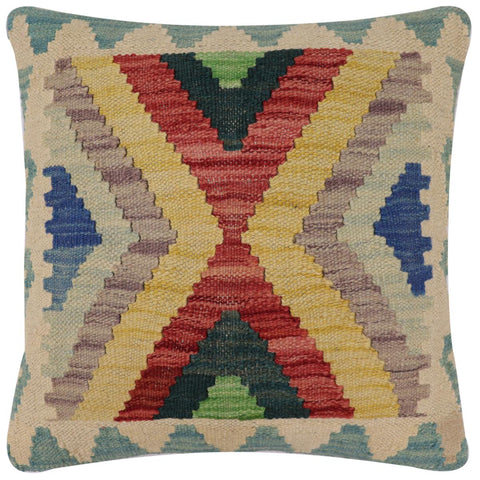 handmade Traditional Pillow Blue Beige Hand-Woven SQUARE 100% WOOL Hand woven turkish pillow2 x 2