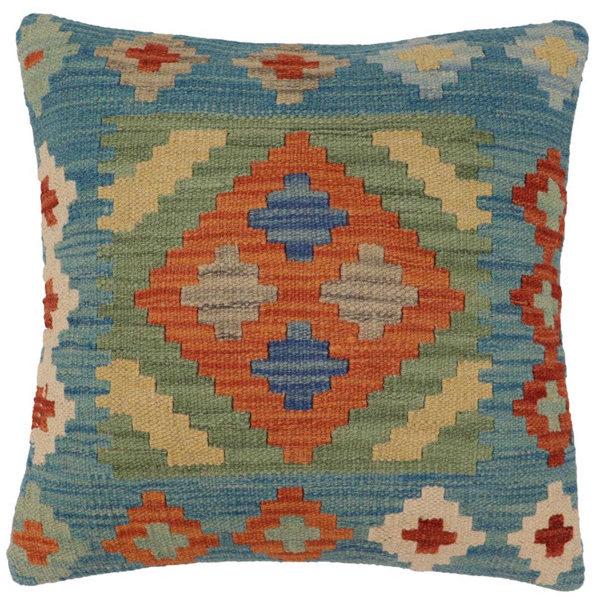 handmade Traditional Pillow Blue Rust Hand-Woven SQUARE 100% WOOL Hand woven turkish pillow2 x 2