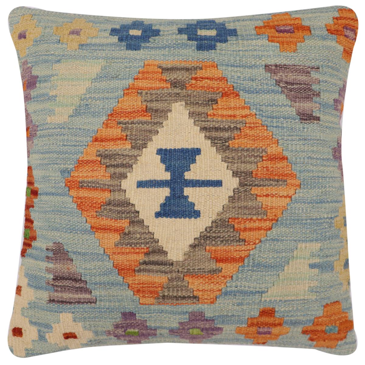 handmade Traditional Pillow Blue Rust Hand-Woven SQUARE 100% WOOL Hand woven turkish pillow2 x 2