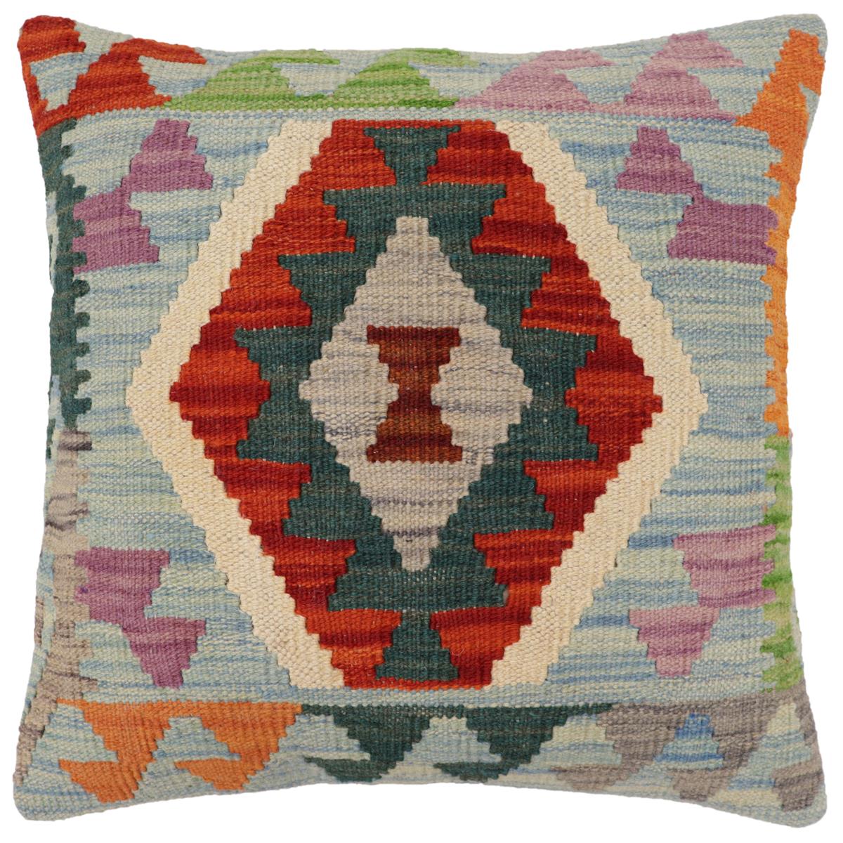 handmade Traditional Pillow Blue Rust Hand-Woven SQUARE 100% WOOL Hand woven turkish pillow2' x 2'