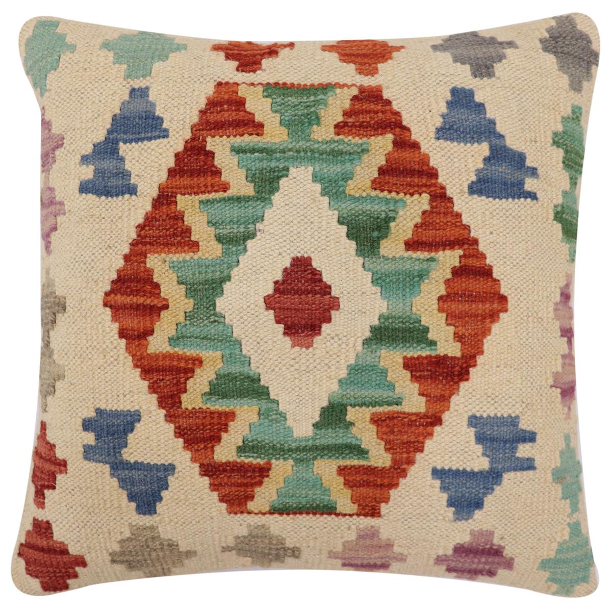 handmade Traditional Pillow Beige Rust Hand-Woven SQUARE 100% WOOL  Hand woven turkish pillow  2 x 2