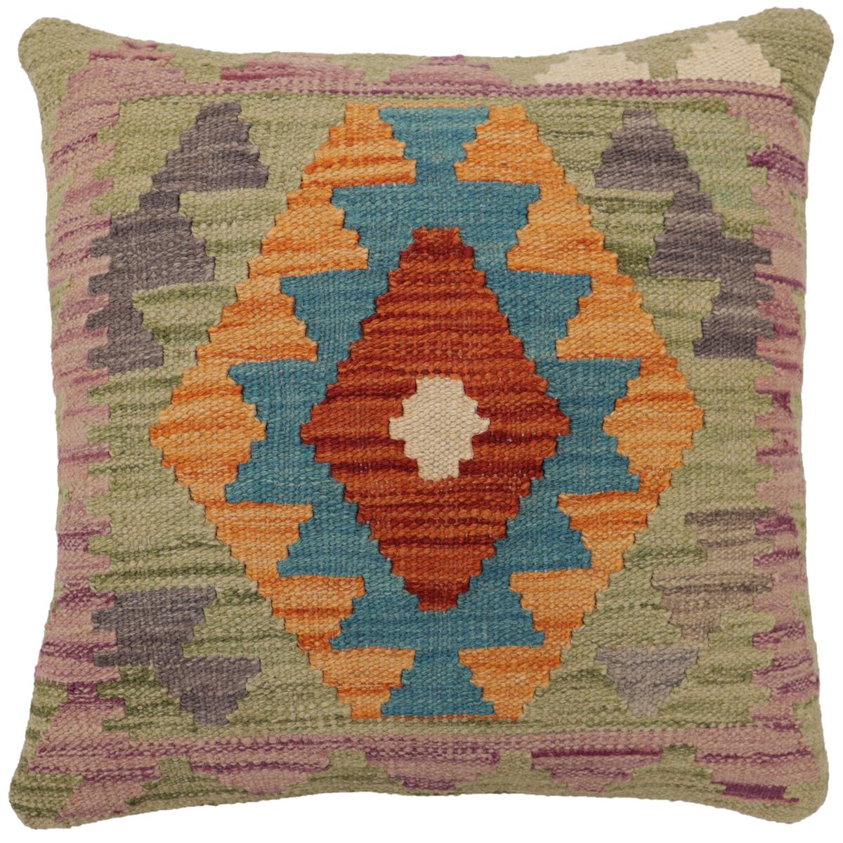 handmade Traditional Pillow Rust Blue Hand-Woven SQUARE 100% WOOL  Hand woven turkish pillow  2 x 2