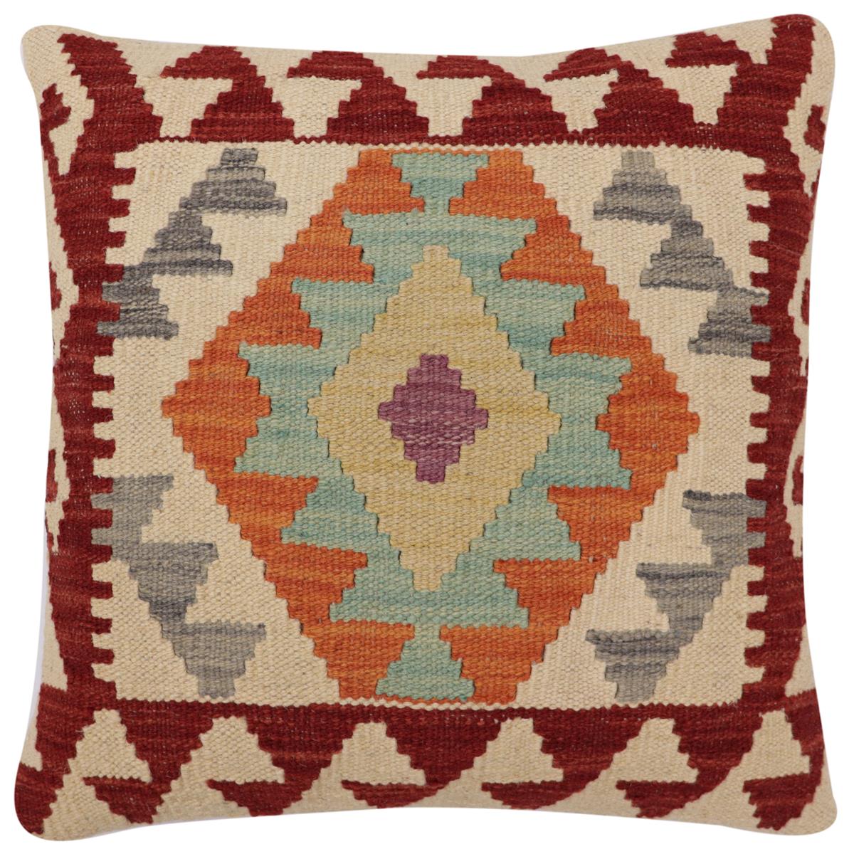 handmade Traditional Pillow Beige Red Hand-Woven SQUARE 100% WOOL Hand woven turkish pillow2 x 2