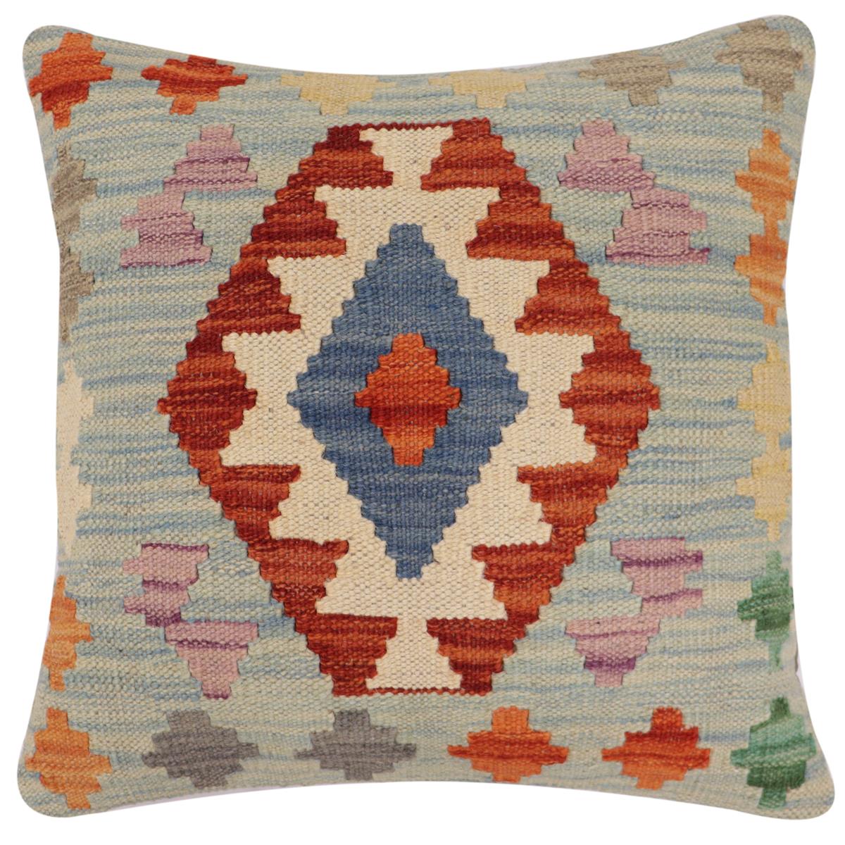 handmade Traditional Pillow Blue Rust Hand-Woven SQUARE 100% WOOL Hand woven turkish pillow2 x 2
