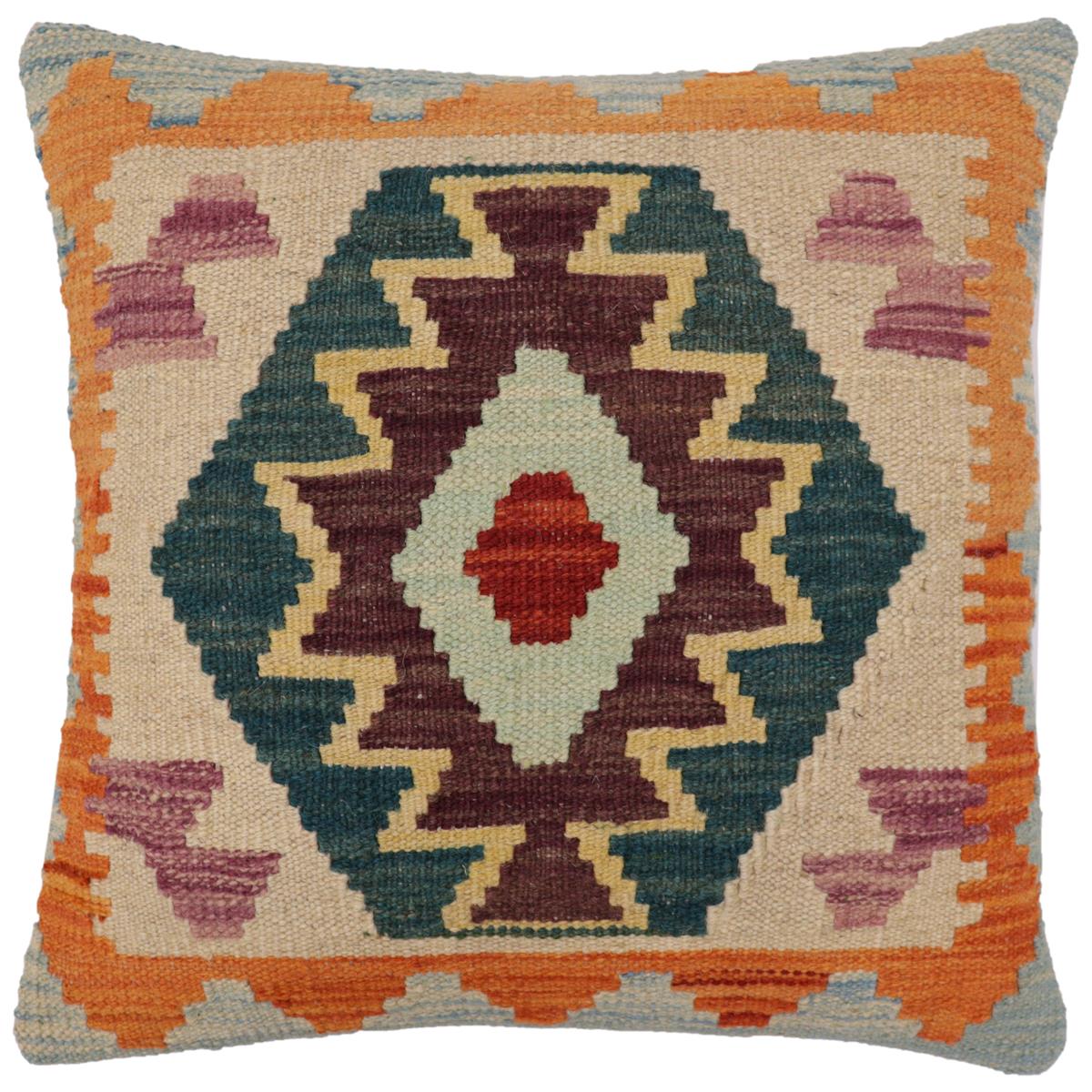 handmade Traditional Pillow Blue Rust Hand-Woven SQUARE 100% WOOL Hand woven turkish pillow2 x 2
