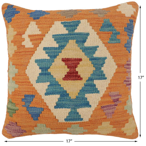 handmade Traditional Pillow Orange Blue Hand-Woven SQUARE 100% WOOL  Hand woven turkish pillow  2 x 2