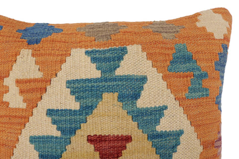 handmade Traditional Pillow Orange Blue Hand-Woven SQUARE 100% WOOL  Hand woven turkish pillow  2 x 2