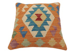 handmade Traditional Pillow Orange Blue Hand-Woven SQUARE 100% WOOL  Hand woven turkish pillow  2 x 2