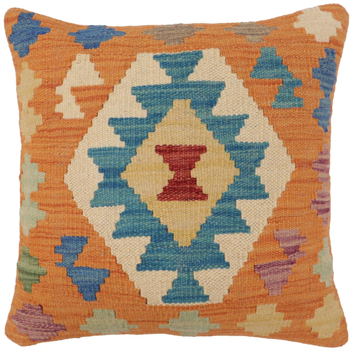 handmade Traditional Pillow Orange Blue Hand-Woven SQUARE 100% WOOL  Hand woven turkish pillow  2 x 2