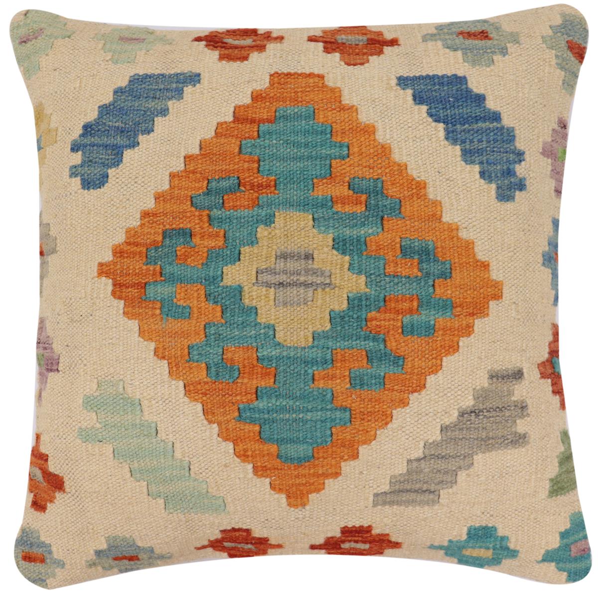 handmade Traditional Pillow Beige Blue Hand-Woven SQUARE 100% WOOL Hand woven turkish pillow2 x 2