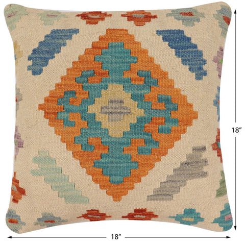 handmade Traditional Pillow Beige Blue Hand-Woven SQUARE 100% WOOL Hand woven turkish pillow2 x 2