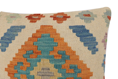 handmade Traditional Pillow Beige Blue Hand-Woven SQUARE 100% WOOL Hand woven turkish pillow2 x 2