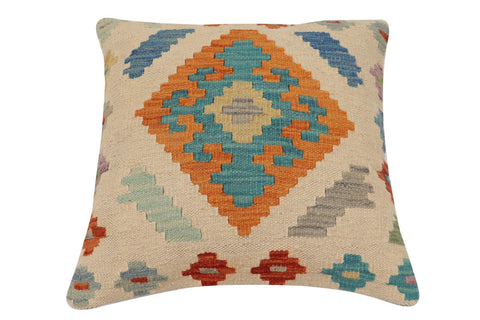 handmade Traditional Pillow Beige Blue Hand-Woven SQUARE 100% WOOL Hand woven turkish pillow2 x 2