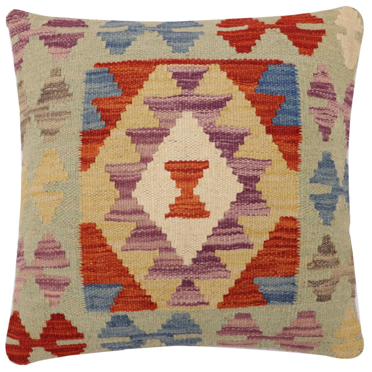 handmade Traditional Pillow Rust Blue Hand-Woven SQUARE 100% WOOL Hand woven turkish pillow2' x 2'