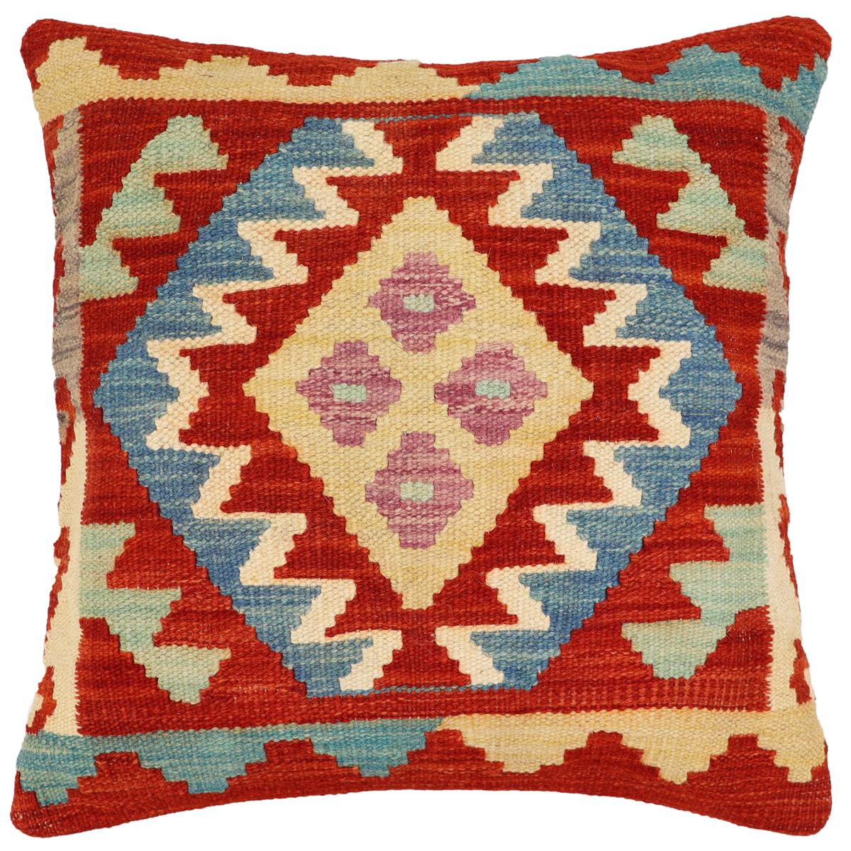 handmade Traditional Pillow Rust Blue Hand-Woven SQUARE 100% WOOL Hand woven turkish pillow2' x 2'