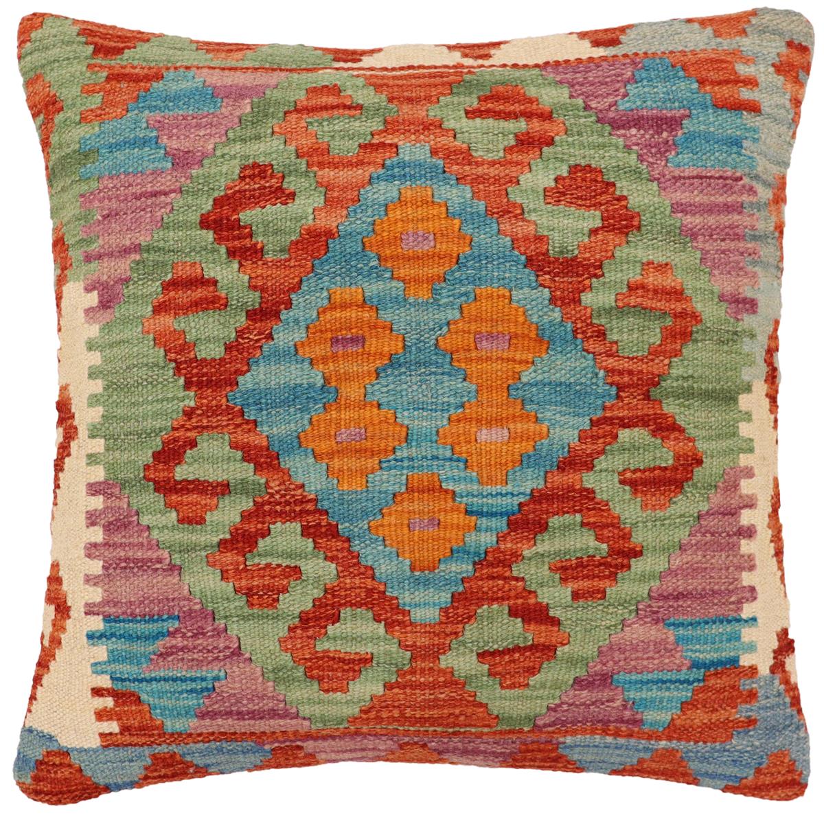 handmade Traditional Pillow Rust Blue Hand-Woven SQUARE 100% WOOL Hand woven turkish pillow2' x 2'