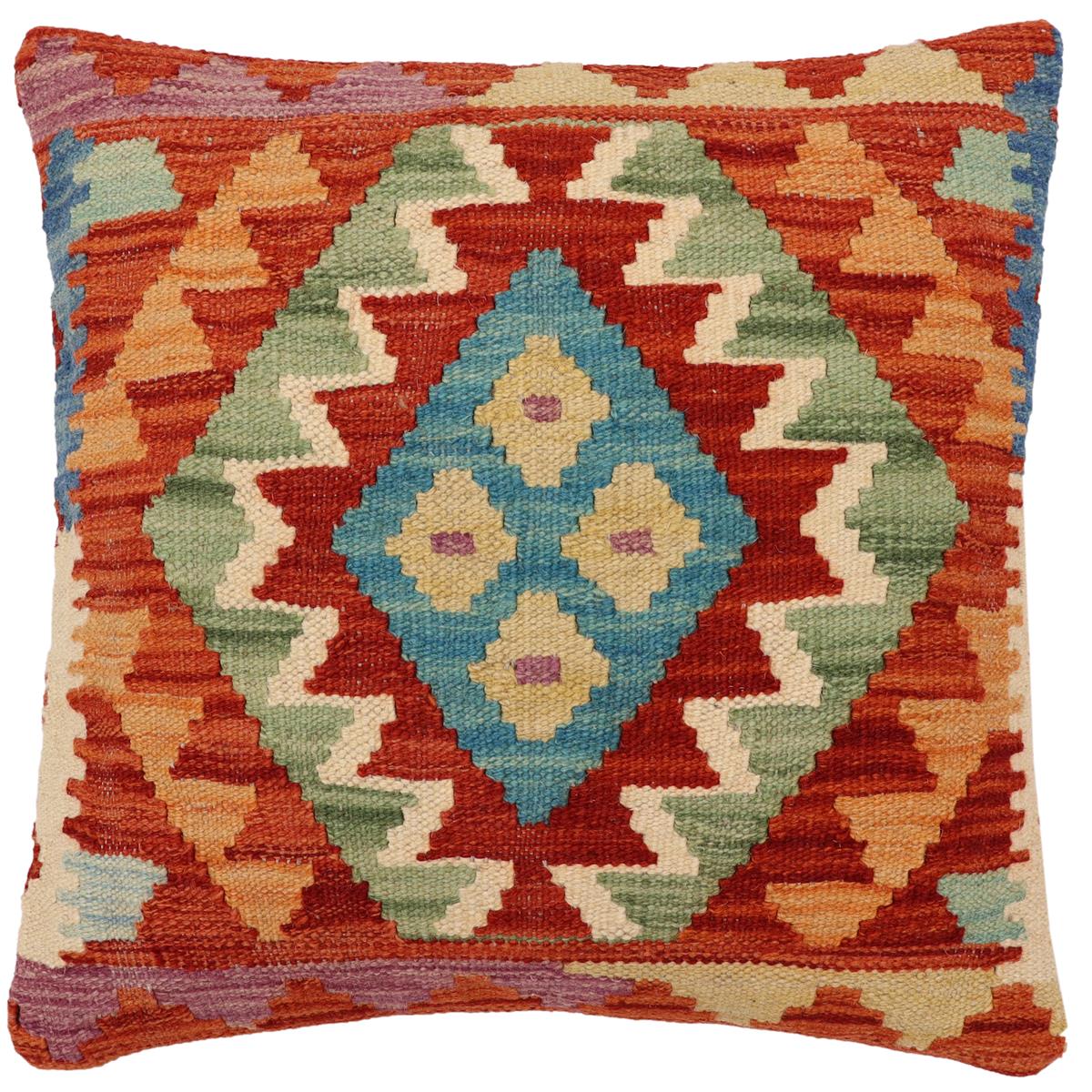 handmade Traditional Pillow Rust Blue Hand-Woven SQUARE 100% WOOL Hand woven turkish pillow2' x 2'