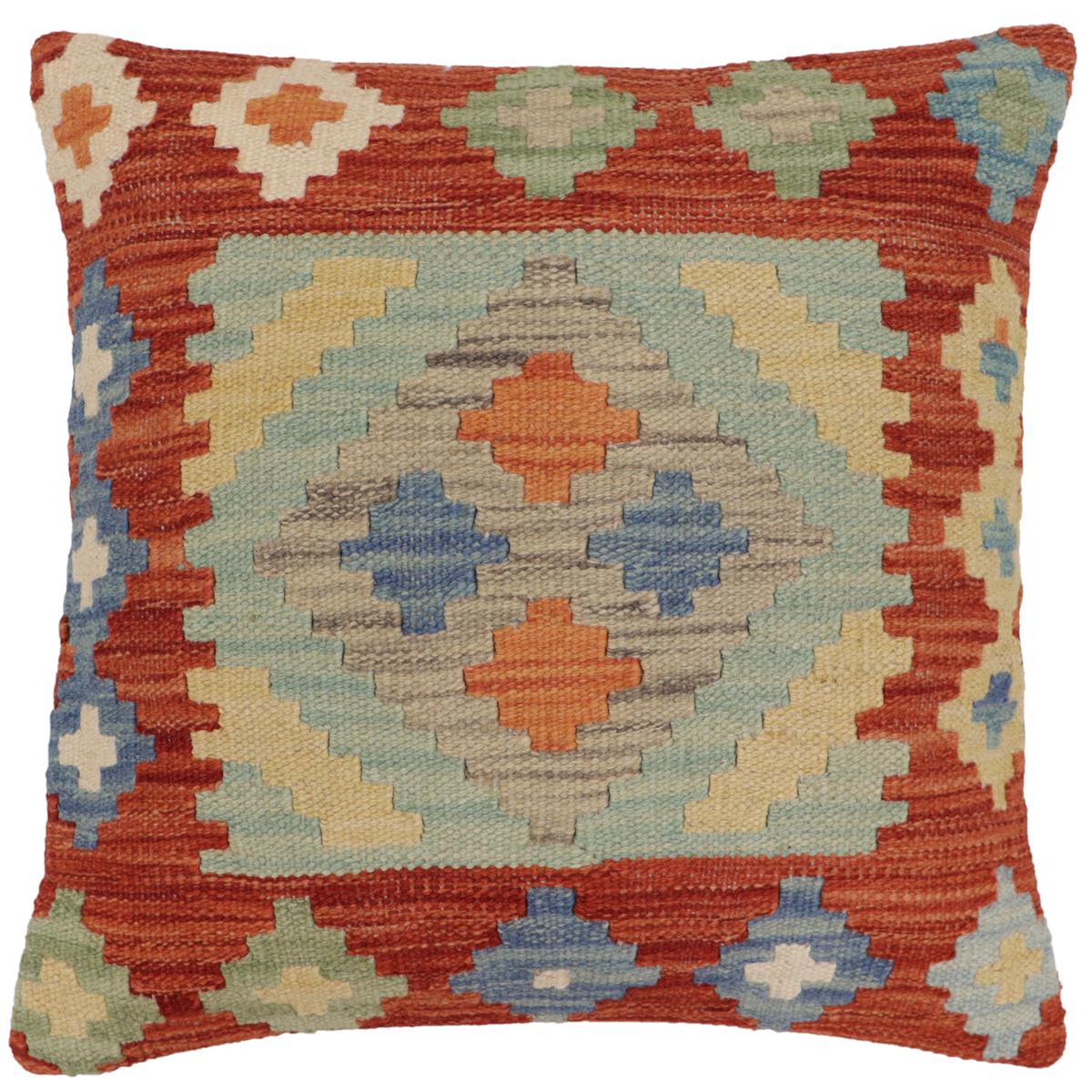 handmade Traditional Pillow Rust Blue Hand-Woven SQUARE 100% WOOL Hand woven turkish pillow2' x 2'