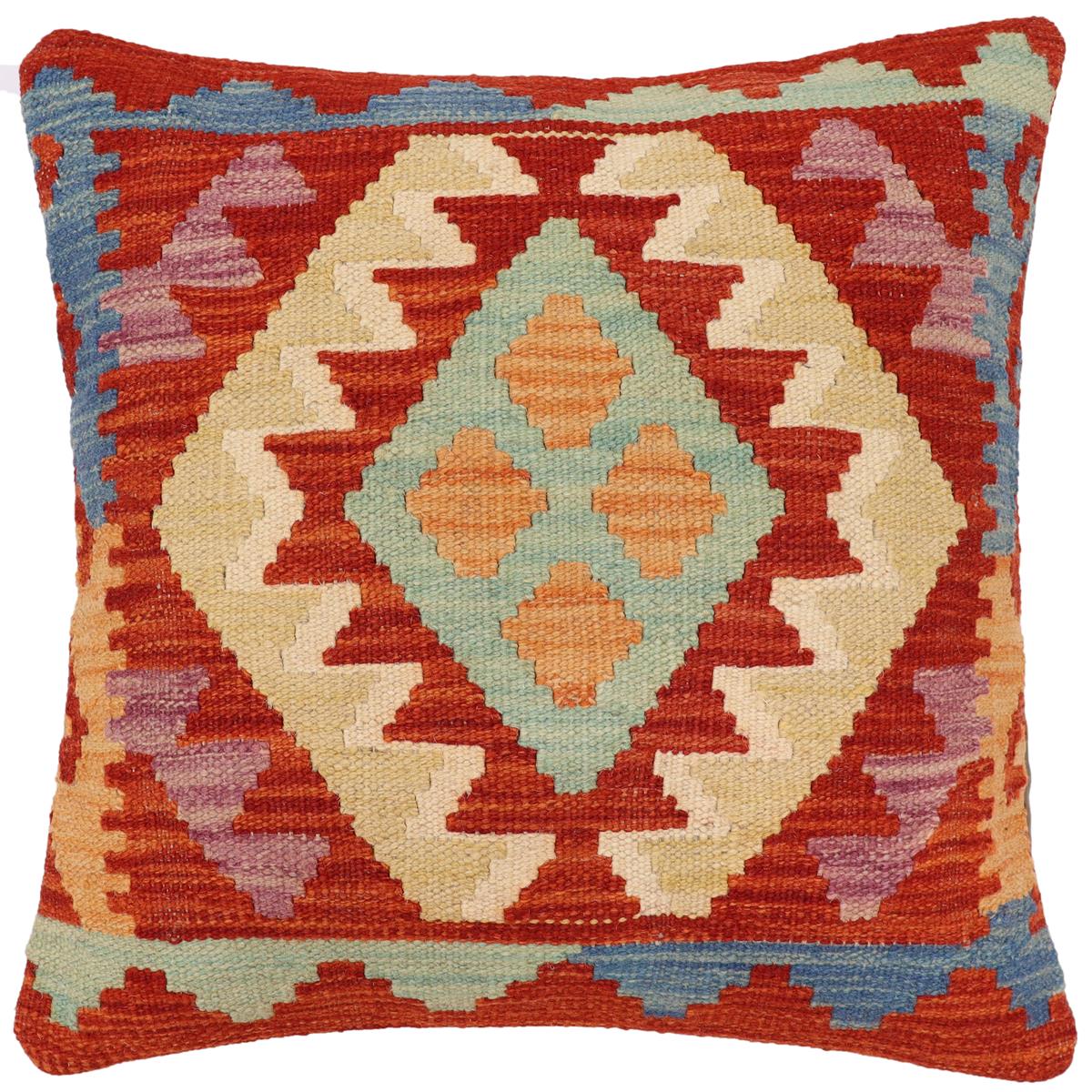 handmade Traditional Pillow Rust Blue Hand-Woven SQUARE 100% WOOL Hand woven turkish pillow2' x 2'