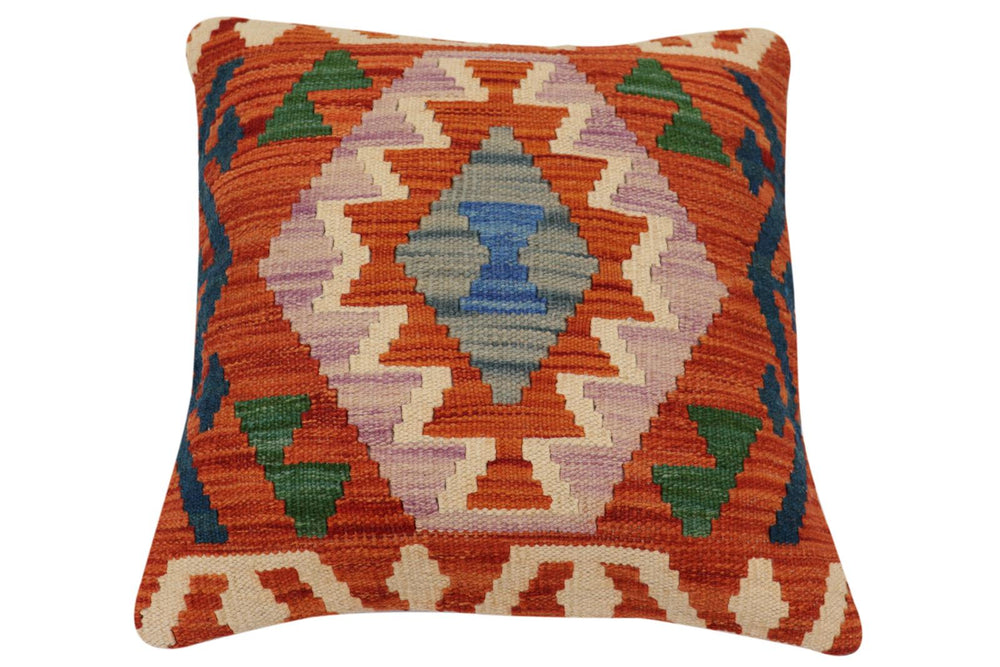 handmade Traditional Pillow Rust Blue Hand-Woven SQUARE 100% WOOL Hand woven turkish pillow2' x 2'