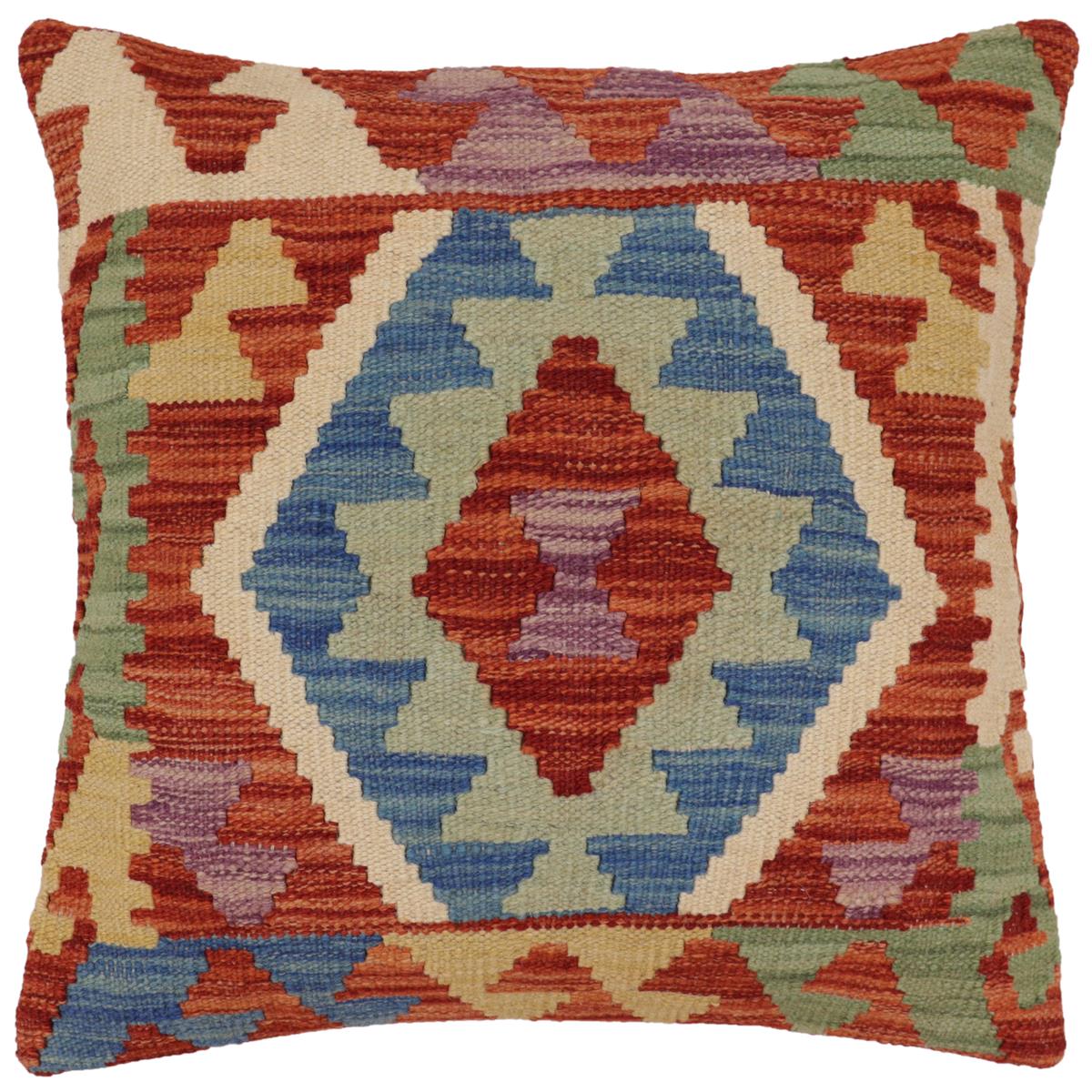 handmade Traditional Pillow Rust Blue Hand-Woven SQUARE 100% WOOL Hand woven turkish pillow2' x 2'