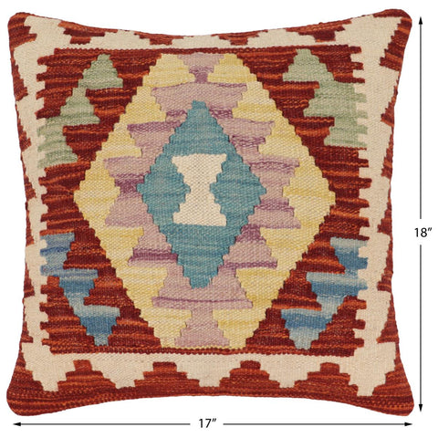 handmade Traditional Pillow Rust Blue Hand-Woven SQUARE 100% WOOL  Hand woven turkish pillow  2 x 2